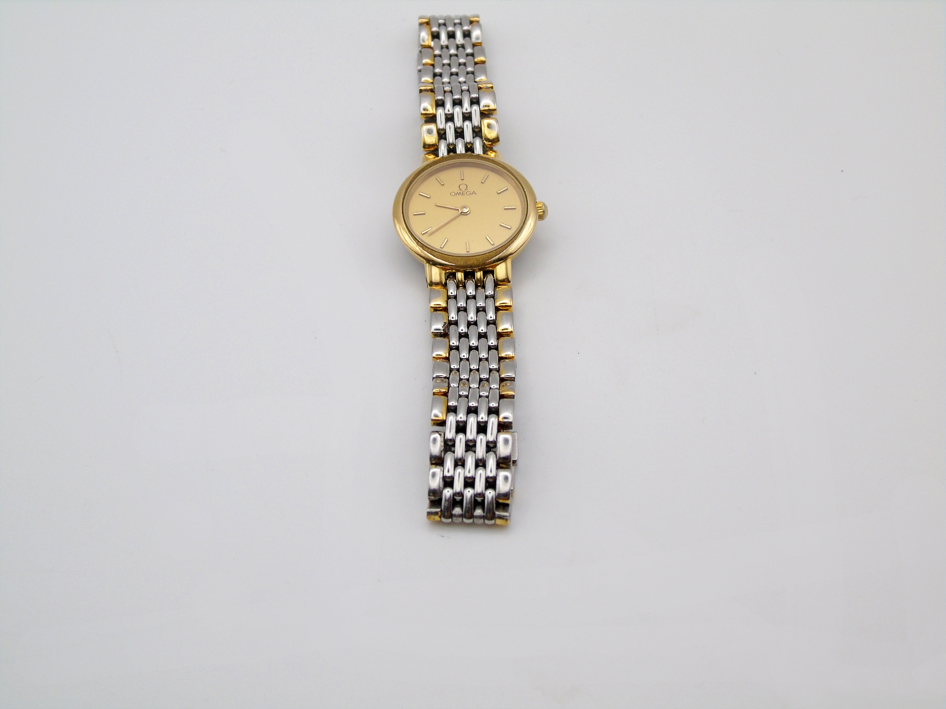 Omega DeVille Ladies Watch – Two Tone Gold Plated & Stainless Steel – Swiss Quartz, Elegant Gold Dial, Vintage Timepiece - Gems Forgotten 