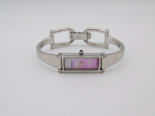 Vintage Gucci Watch Womens MOP Tank Watch Pink Mother of Pearl Dial Box Papers - Gems Forgotten 