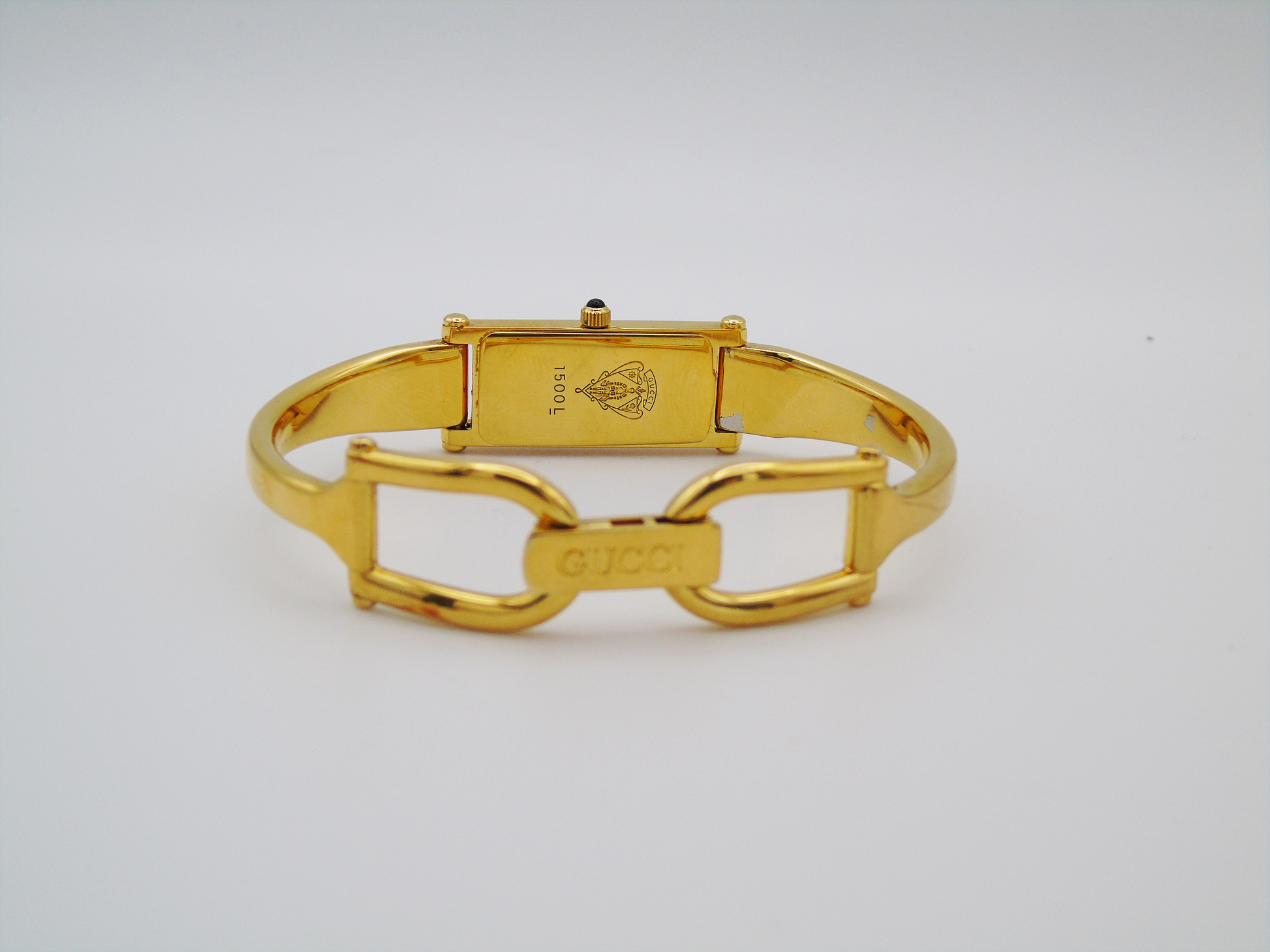 Gucci 1500L Gold Watch – Vintage Gucci Watch, Elegant Gold Tank Watch with Box - Gems Forgotten 
