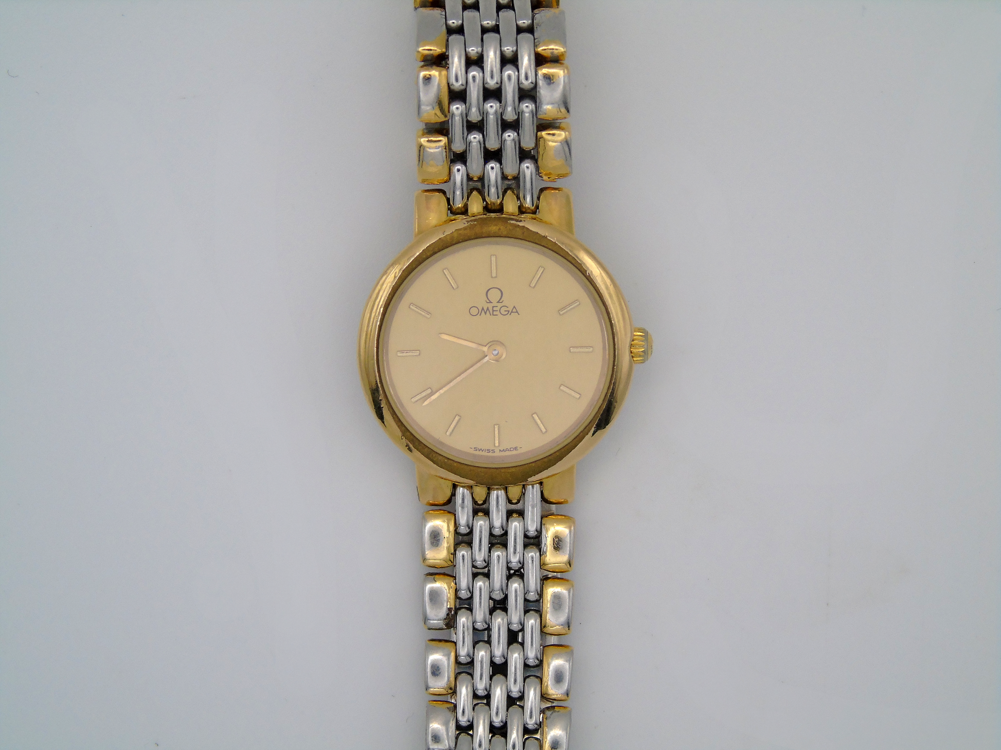 Omega DeVille Ladies Watch – Two Tone Gold Plated & Stainless Steel – Swiss Quartz, Elegant Gold Dial, Vintage Timepiece - Gems Forgotten 
