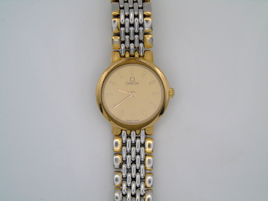 Omega DeVille Ladies Watch – Two Tone Gold Plated & Stainless Steel – Swiss Quartz, Elegant Gold Dial, Vintage Timepiece - Gems Forgotten 
