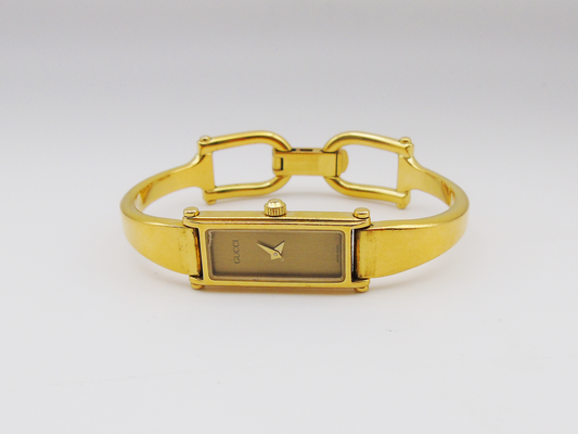 Vintage Gucci Tank Watch 1500 Shell Dial Gold Dial Elegant Gucci Rectangle Wristwatch G41 - Gems Forgotten 