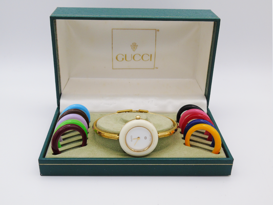 Vintage Gucci Change Bezel Watch – Gold-Plated with 10 Interchangeable Bezels & Box - Gems Forgotten 