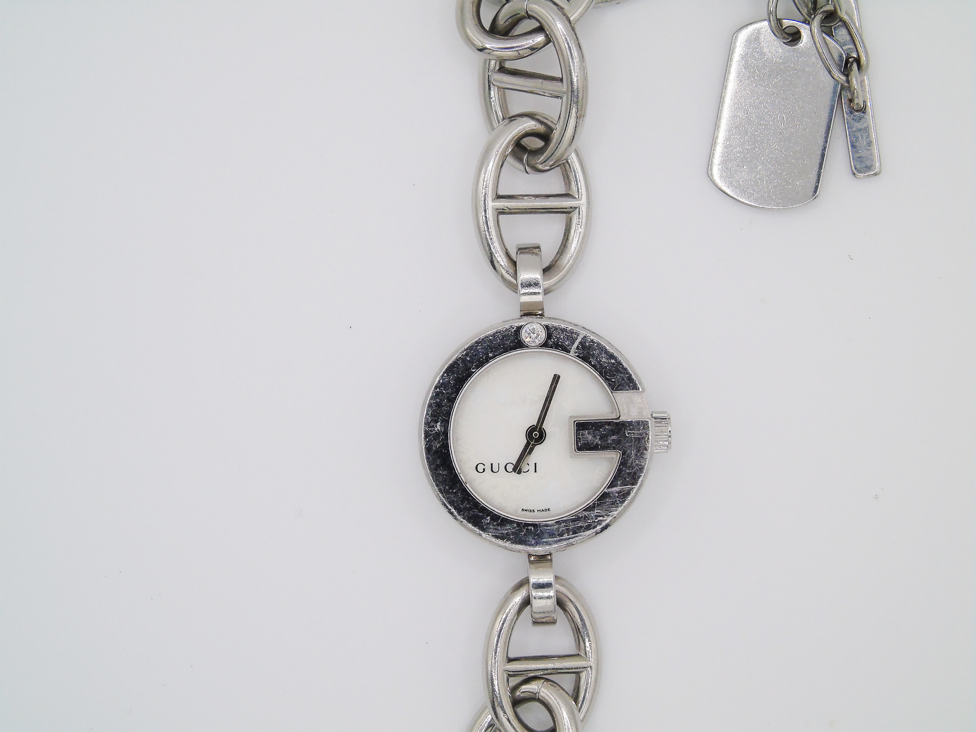 Vintage Gucci Watch Charm Bracelet Horsebit Cowboy Charms MOP Dial - Gems Forgotten 