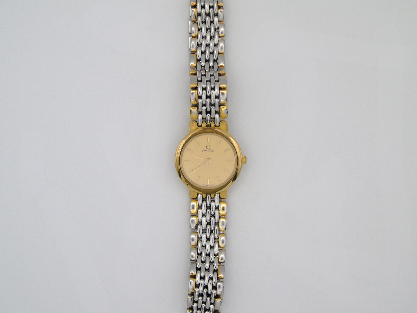 Omega DeVille Ladies Watch – Two Tone Gold Plated & Stainless Steel – Swiss Quartz, Elegant Gold Dial, Vintage Timepiece - Gems Forgotten 