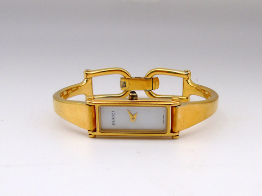 Gucci Ladies Gold Watch – Stunning Gucci 1500L Model with Tank Watch Face & Mother of Pearl Dial G27 - Gems Forgotten 