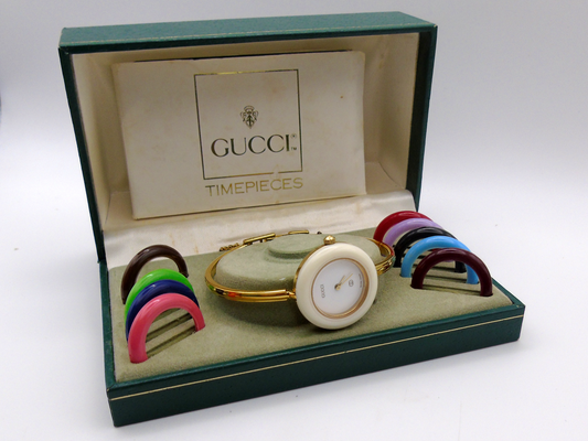 Vintage Gucci Change Bezel Watch – Gold-Plated with 10 Interchangeable Bezels & Box Proof of Athenticity G31 - Gems Forgotten 