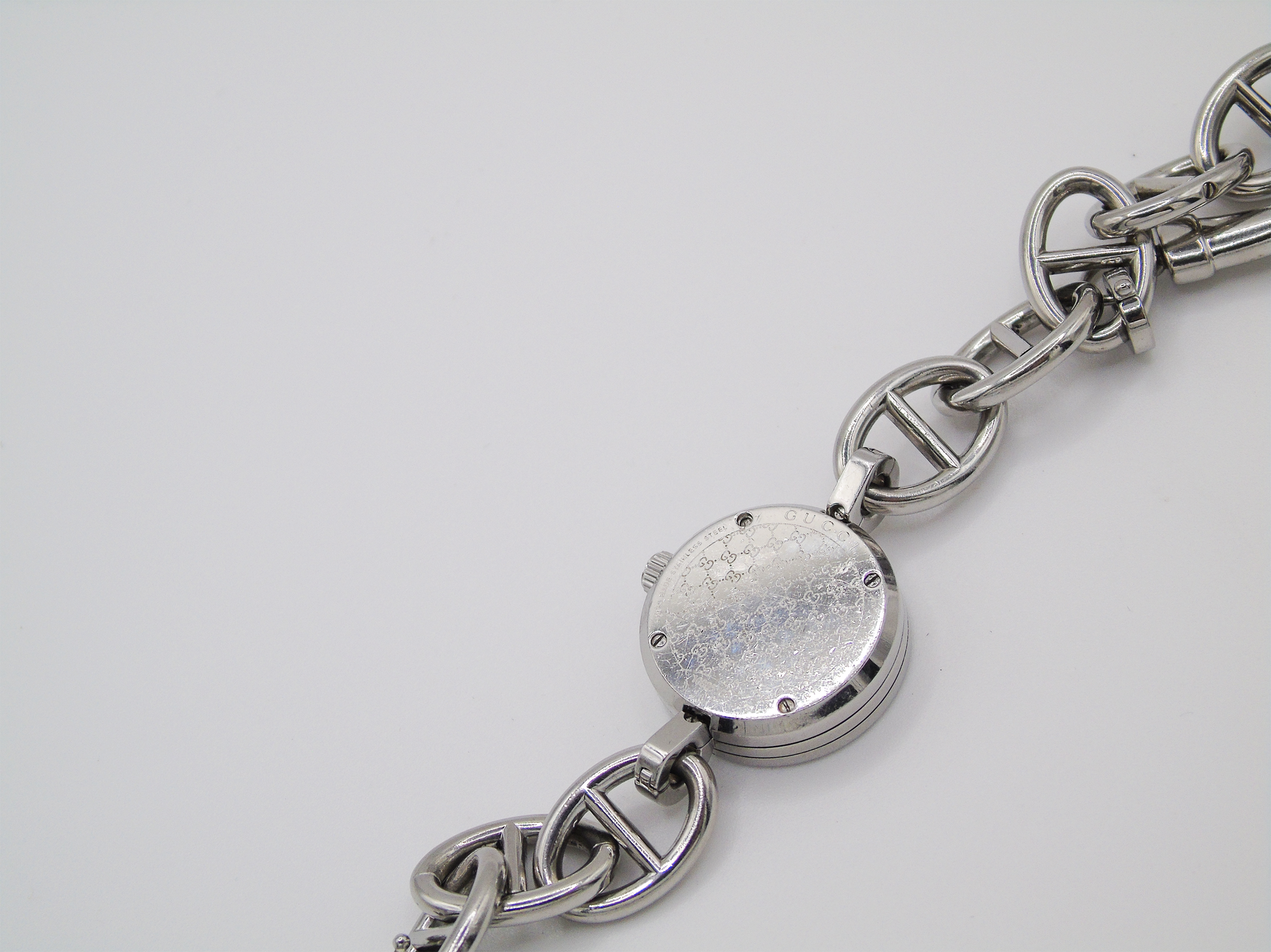 Vintage Gucci Watch Charm Bracelet Horsebit Cowboy Charms MOP Dial - Gems Forgotten 