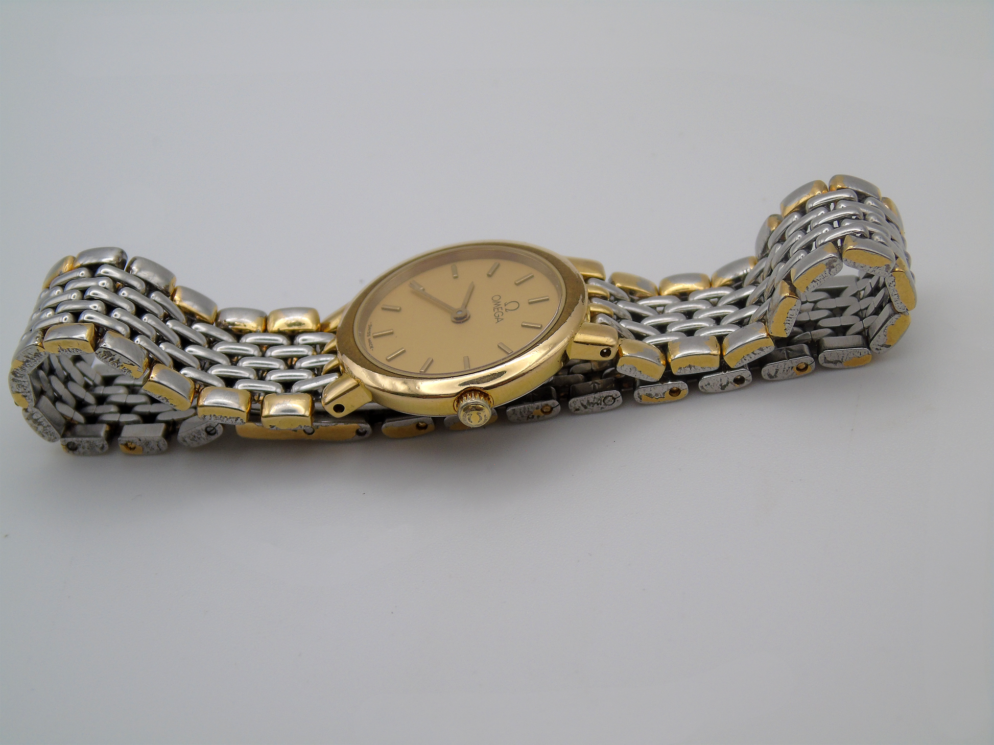 Omega DeVille Ladies Watch – Two Tone Gold Plated & Stainless Steel – Swiss Quartz, Elegant Gold Dial, Vintage Timepiece - Gems Forgotten 