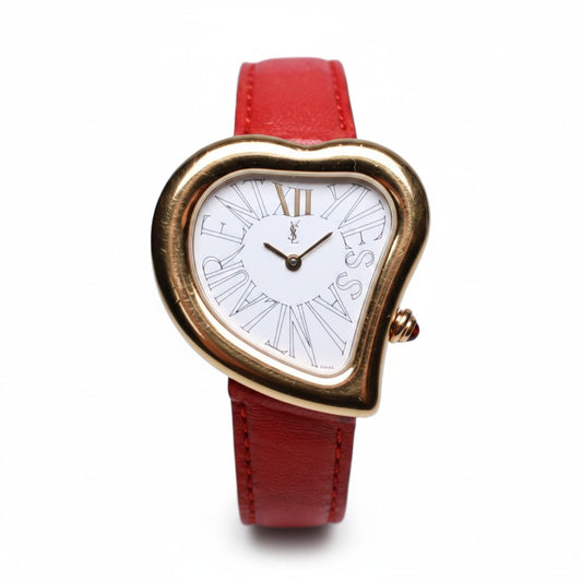 YSL Heart Shaped Watch - Gold Plated with Red Real Leather Stap - Gems Forgotten 
