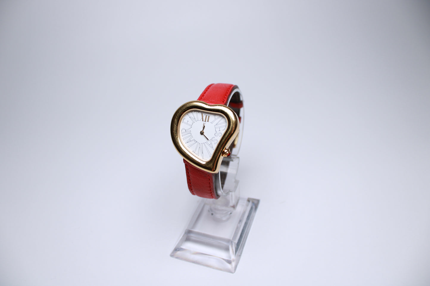 YSL Heart Shaped Watch - Gold Plated with Red Real Leather Stap - Gems Forgotten 