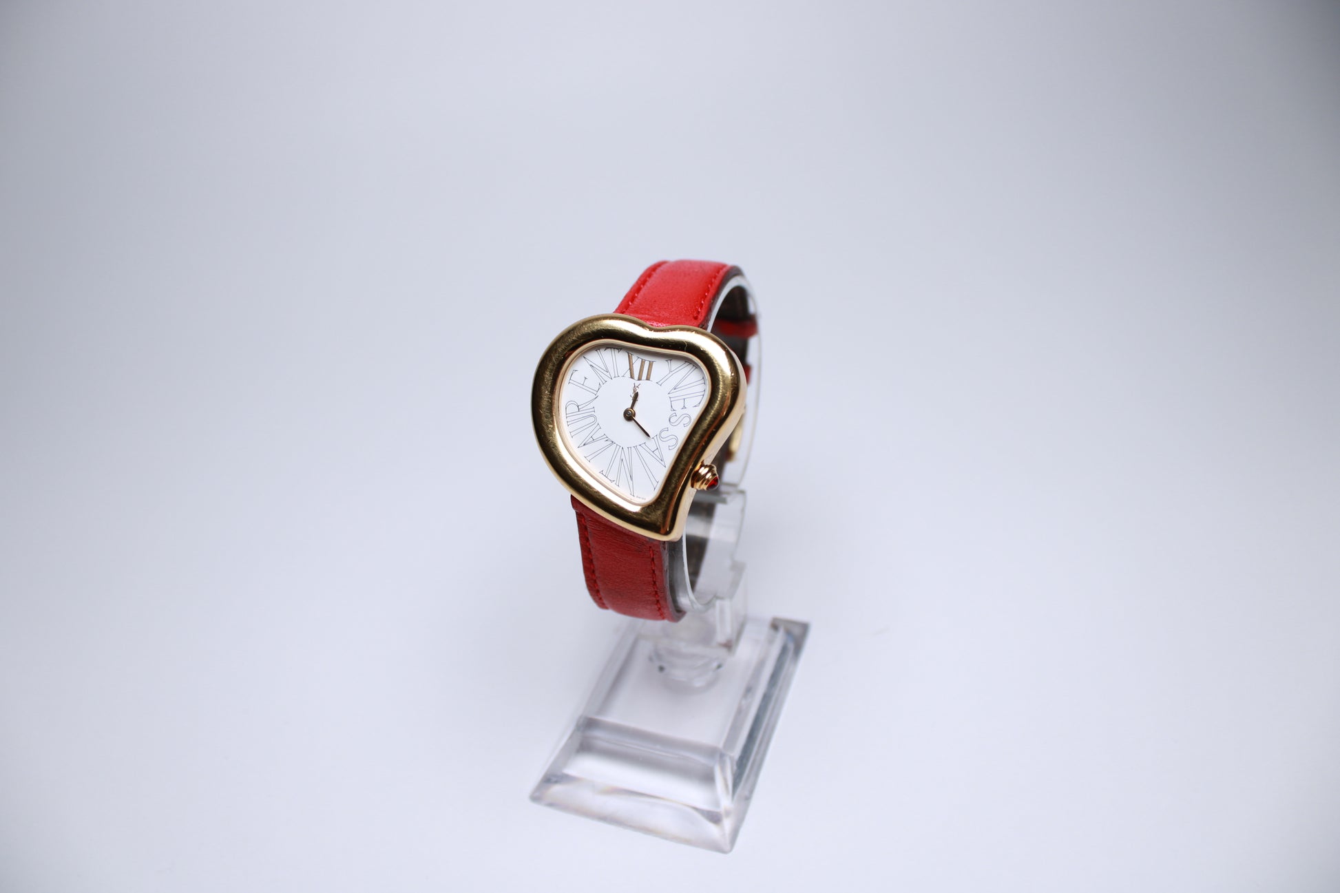YSL Heart Shaped Watch - Gold Plated with Red Real Leather Stap - Gems Forgotten 