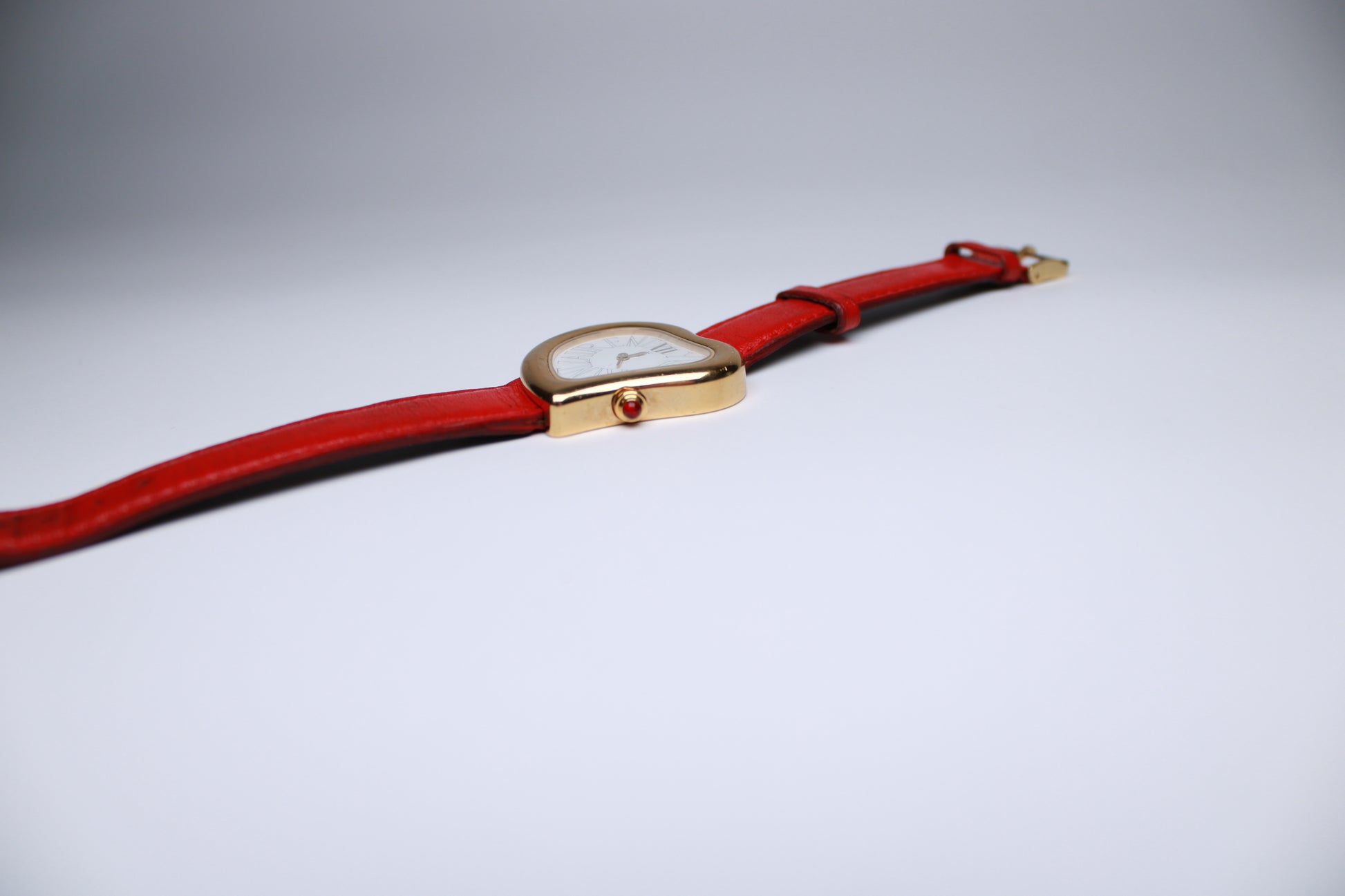 YSL Heart Shaped Watch - Gold Plated with Red Real Leather Stap - Gems Forgotten 