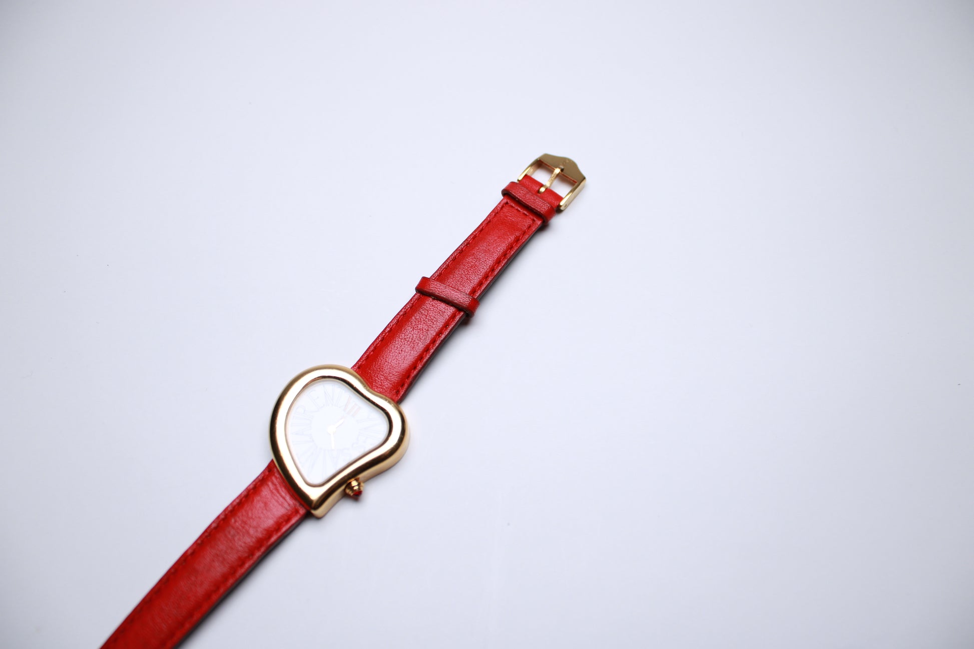 YSL Heart Shaped Watch - Gold Plated with Red Real Leather Stap - Gems Forgotten 