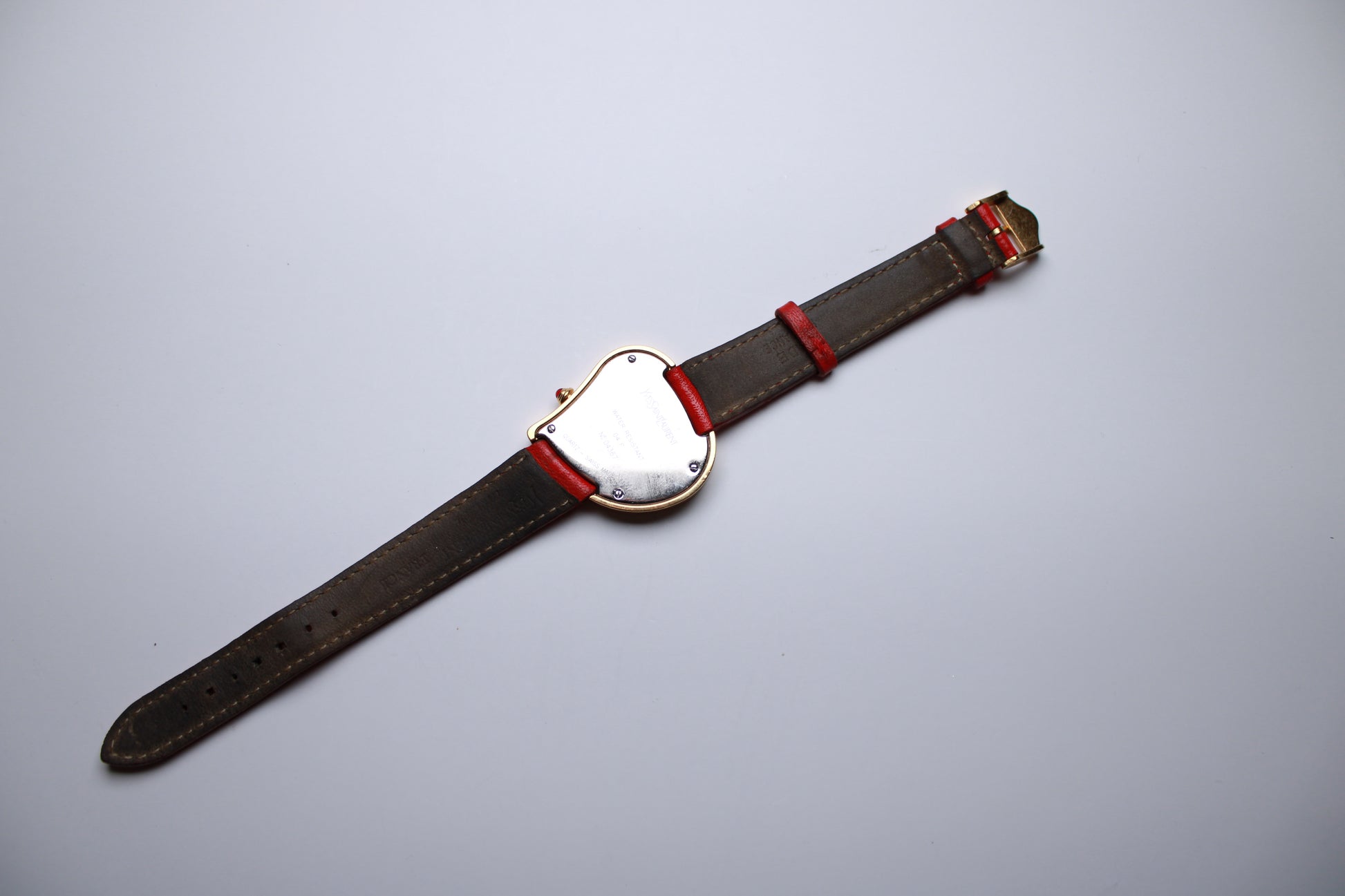 YSL Heart Shaped Watch - Gold Plated with Red Real Leather Stap - Gems Forgotten 