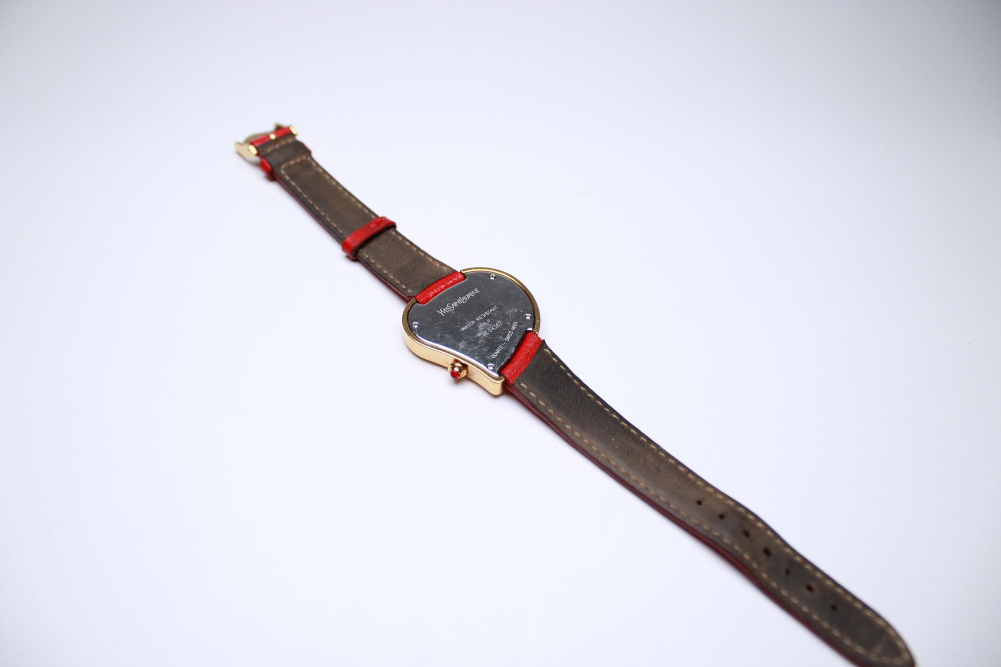 YSL Heart Shaped Watch - Gold Plated with Red Real Leather Stap - Gems Forgotten 