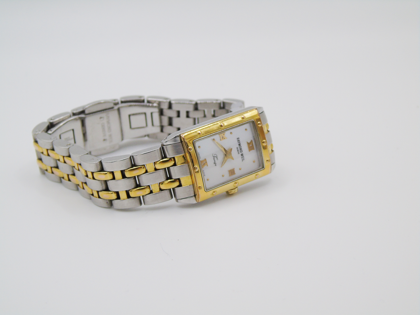 Vintage Raymond Weil Tango MOP Dial Watch Two Tone Small Elegant Chain Wristwatch Mother of Pearl - Gems Forgotten 