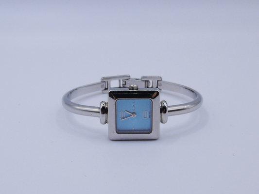 Gucci Watch Square 1900L Silver Tone Blue Turquoise Dial Small Elegant Watch Box Papers - Gems Forgotten 