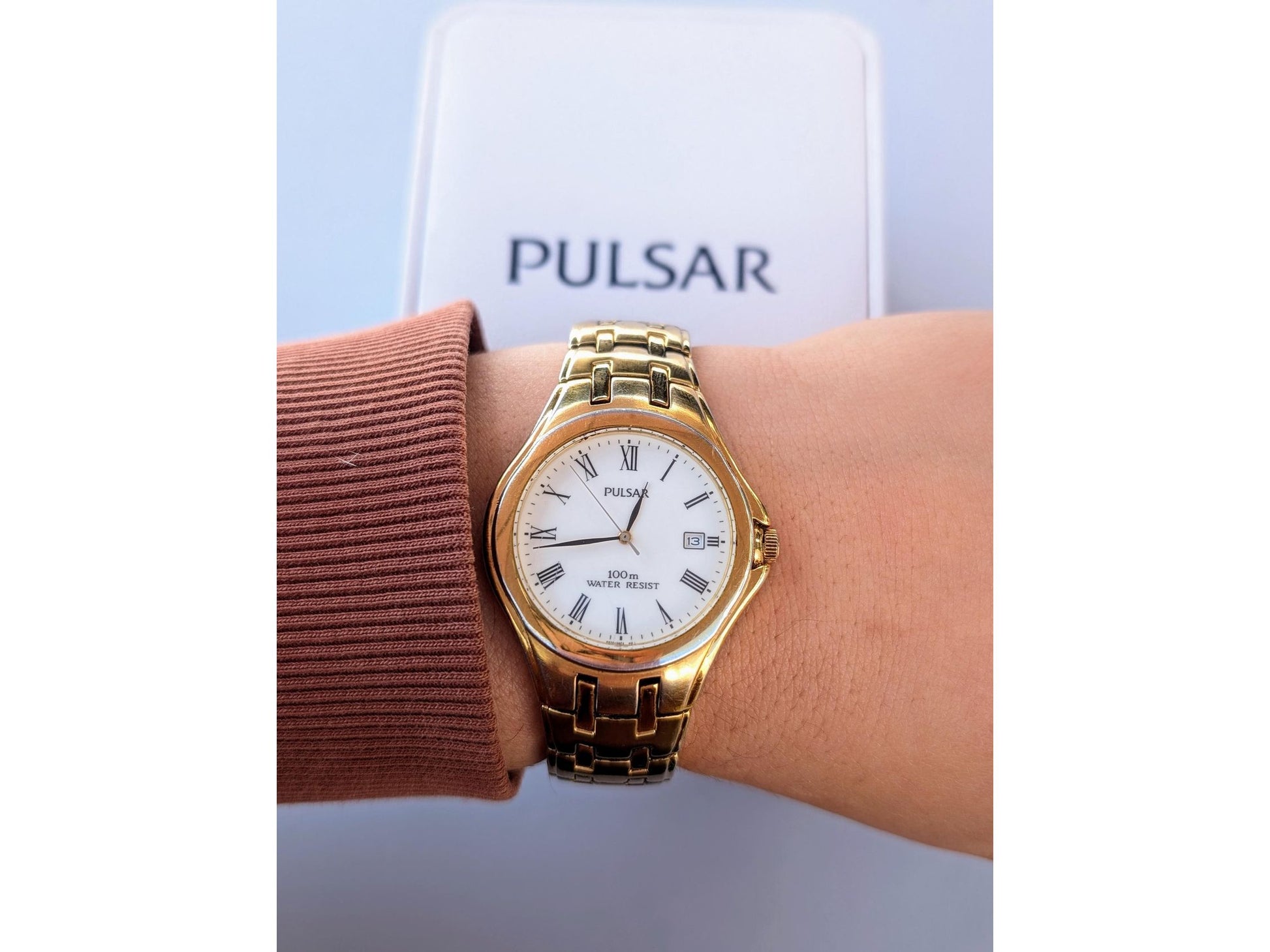 Vintage Gold Pulsar Watch  Date Function Mens Analogue Quartz Wristwatch in Box and papers Elegant Dress Watch Gift for Him Japanese - Gems Forgotten 