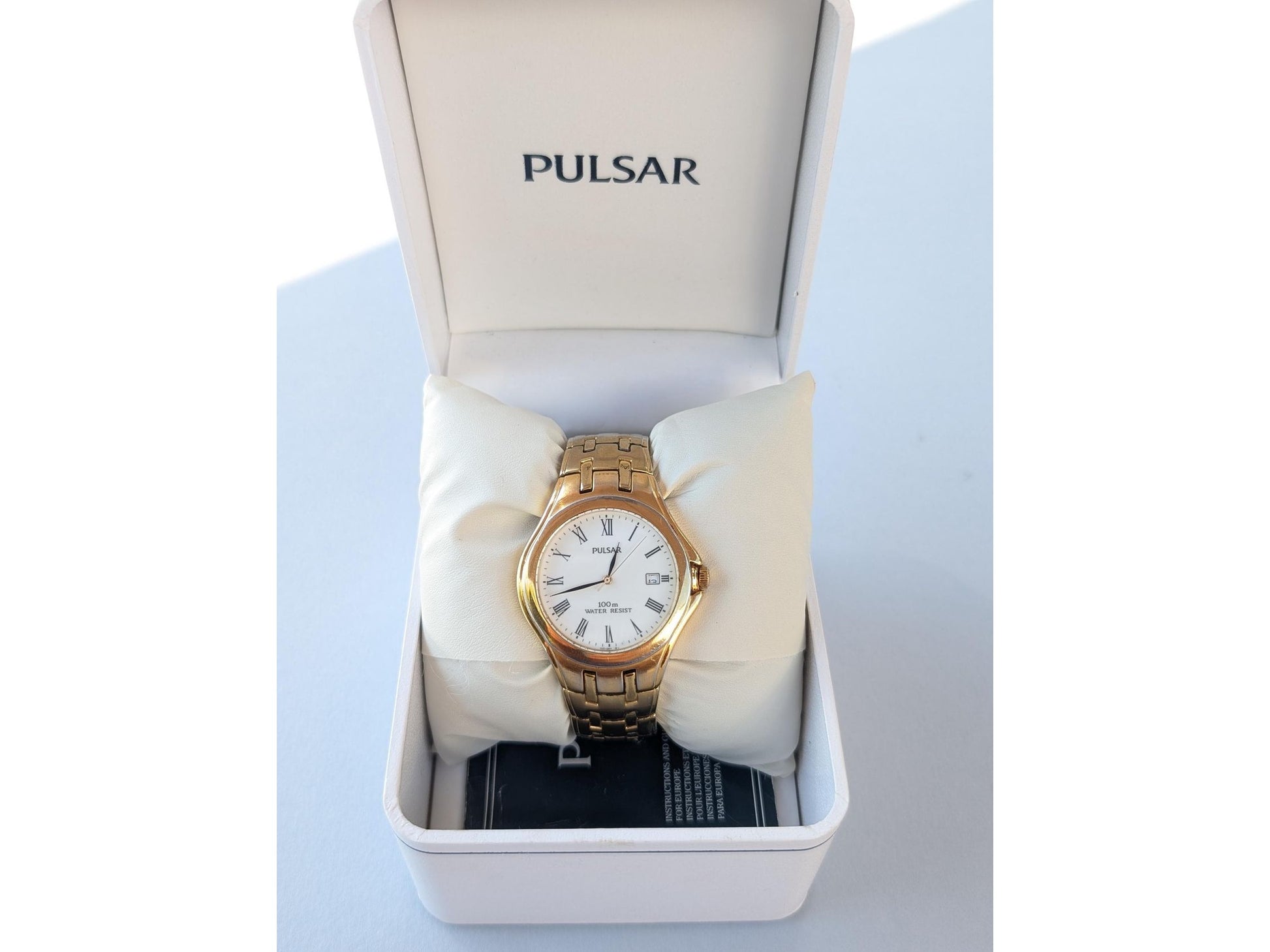 Vintage Gold Pulsar Watch  Date Function Mens Analogue Quartz Wristwatch in Box and papers Elegant Dress Watch Gift for Him Japanese - Gems Forgotten 