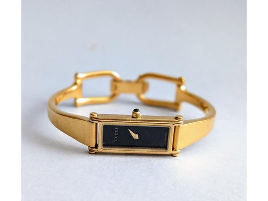 Vintage Gucci Watch with Box Black Dial Gold 1500 Bracelet Tank Watch Elegant Gold Quartz Wristwatch - Gems Forgotten 
