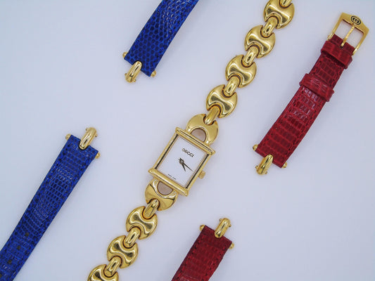 Working Gucci Ladies Gold Watch – Rare Gucci 1800L Model with Tank Watch Face & Interchangeable Straps