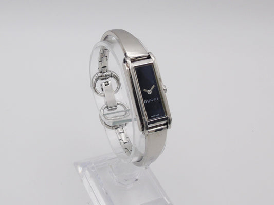 Vintage Gucci Watch: 1500L Black Dial, Stainless Steel Tank Style - Gems Forgotten 