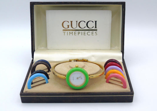Working Vintage Gucci Bezel Watch 90s Change Bezel Gold Bracelet Bangle Watch Wristwatch Elegant Gold - Gems Forgotten 