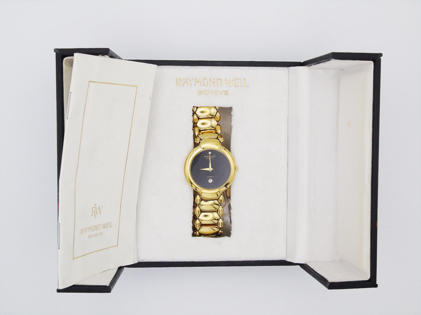 Raymond Weil Watch Womens Gold Plated Elegant Small Gold Wristwatch Box  Quartz Swiss Black Dial - Gems Forgotten 
