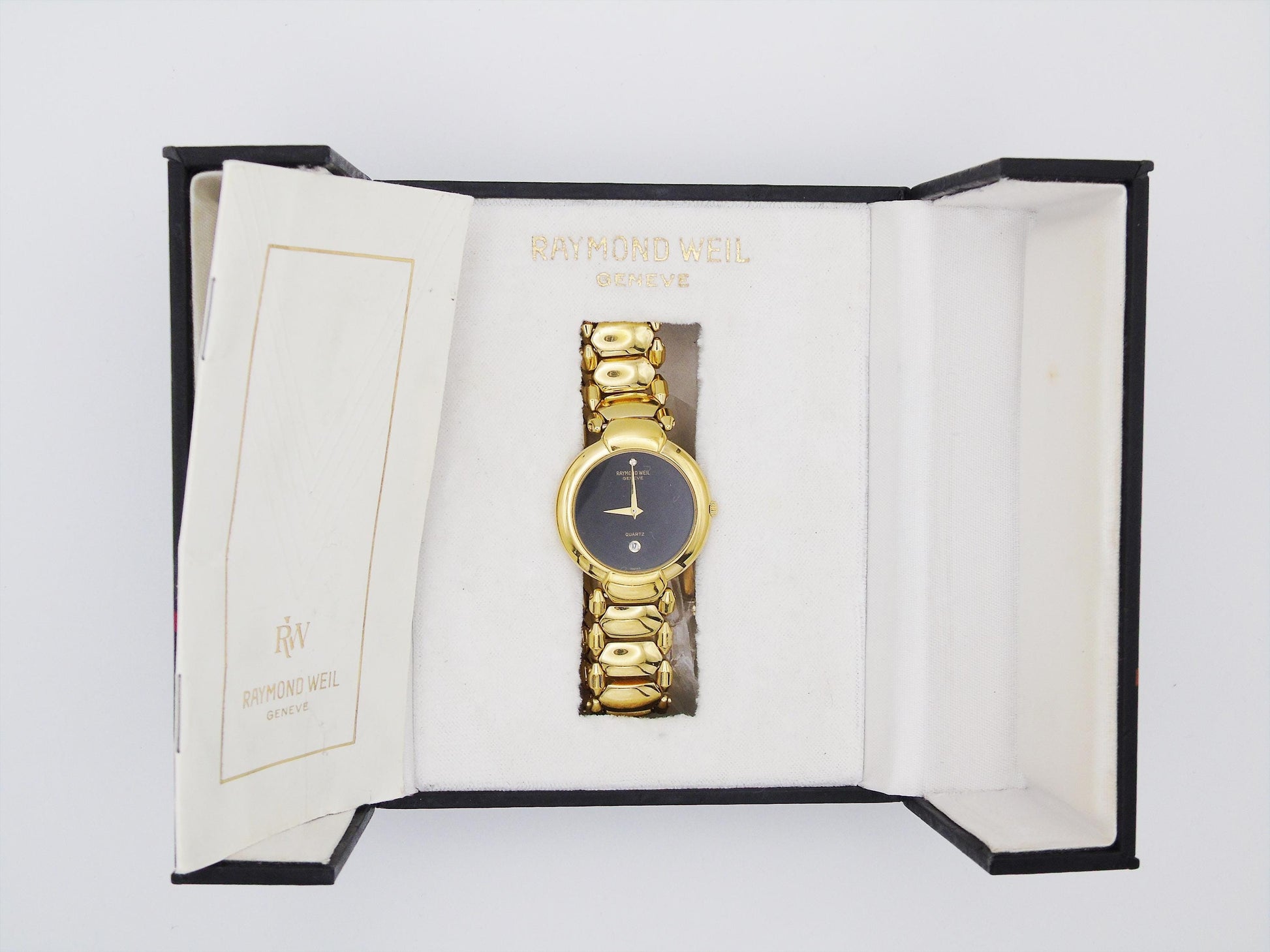 Raymond Weil Watch Womens Gold Plated Elegant Small Gold Wristwatch Box  Quartz Swiss Black Dial - Gems Forgotten 