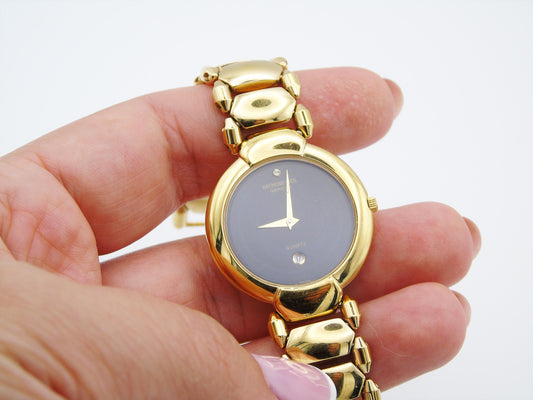 Raymond Weil Watch Womens Gold Plated Elegant Small Gold Wristwatch Box  Quartz Swiss Black Dial - Gems Forgotten 
