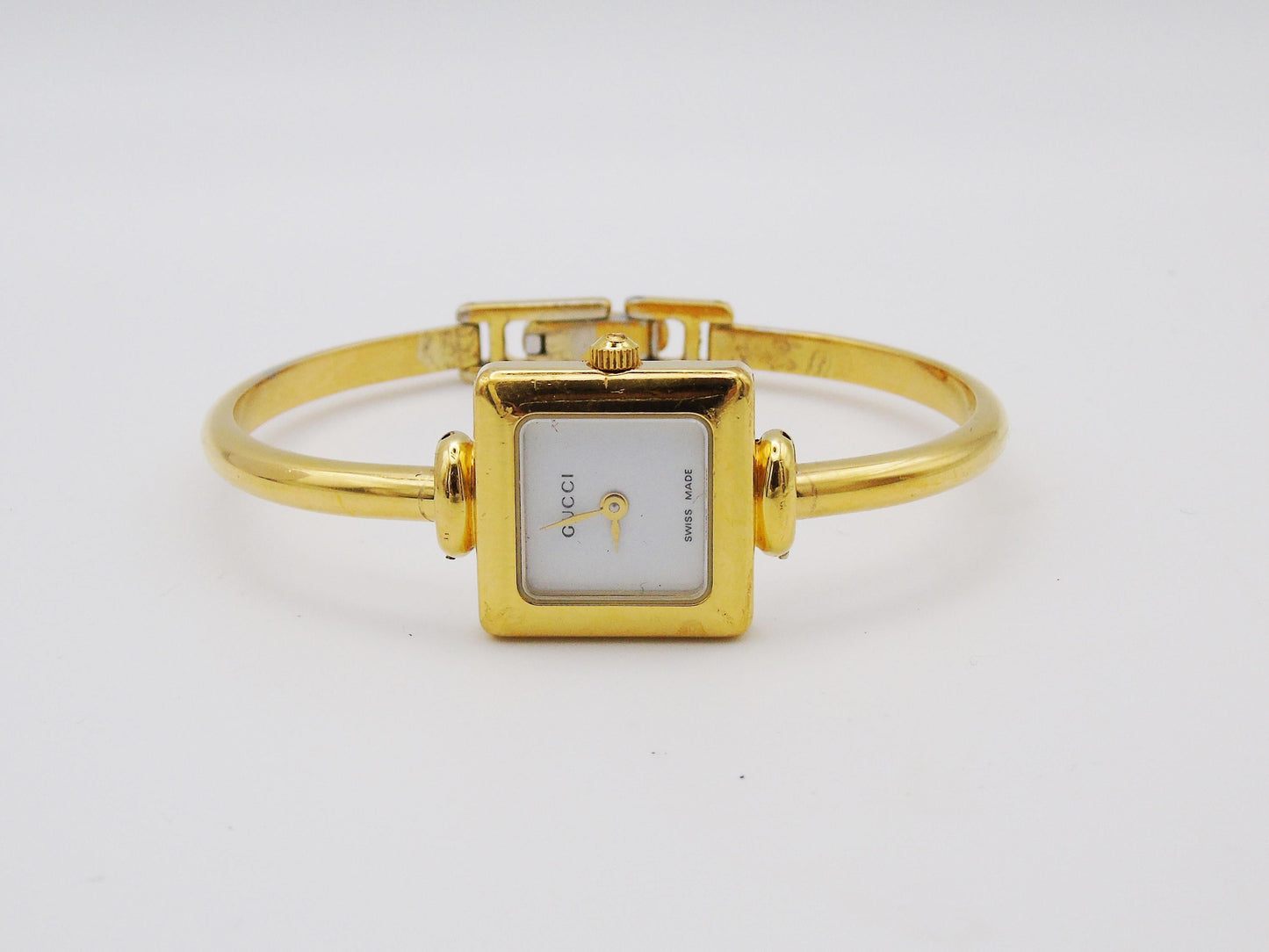 Working Vintage Gucci Watch Square 1900L Gold Gold Dial Elegant Gucci Wristwatch Cheap Gucci Small Bracelet Bangle G21 - Gems Forgotten 