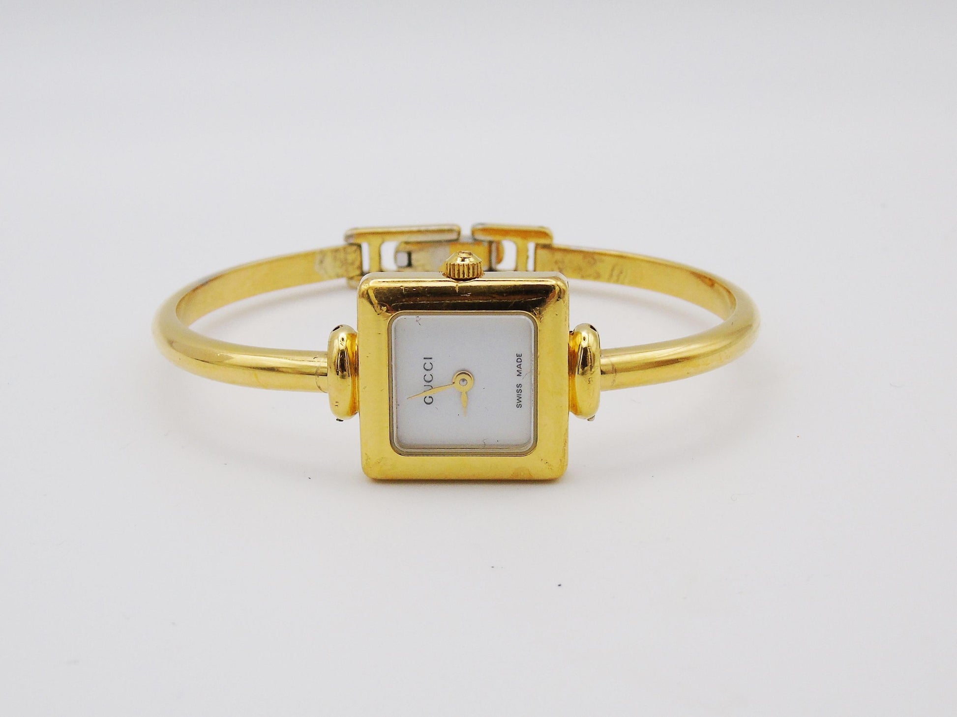 Working Vintage Gucci Watch Square 1900L Gold Gold Dial Elegant Gucci Wristwatch Cheap Gucci Small Bracelet Bangle G21 - Gems Forgotten 