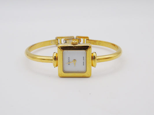 Working Vintage Gucci Watch Square 1900L Gold Gold Dial Elegant Gucci Wristwatch Cheap Gucci Small Bracelet Bangle G21 - Gems Forgotten 