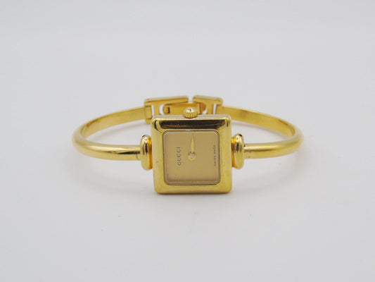 Vintage Gucci Watch Square 1900L White Gold Gold Dial Elegant Gucci Wristwatch Cheap Gucci Small Bracelet Bangle G11 - Gems Forgotten 