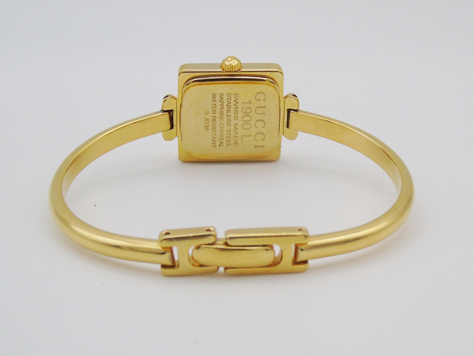 Vintage Gucci Watch Square 1900L White Gold Gold Dial Elegant Gucci Wristwatch Cheap Gucci Small Bracelet Bangle G11 - Gems Forgotten 
