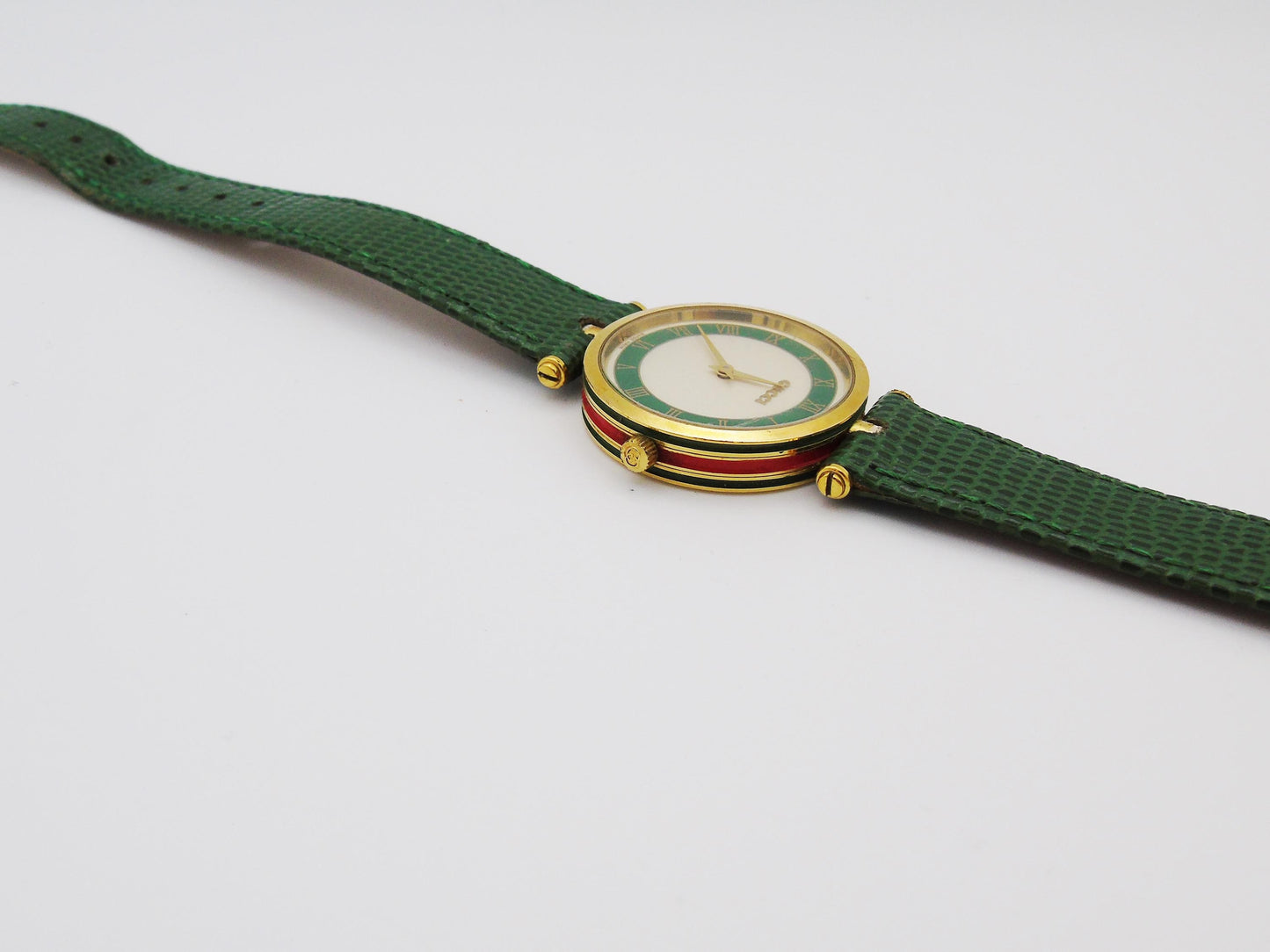 Vintage Gucci Sherry Line 2000M Watch Quartz Swiss Movement Green and Gold Plated Leather Strap Genuine Unique Wristwatch