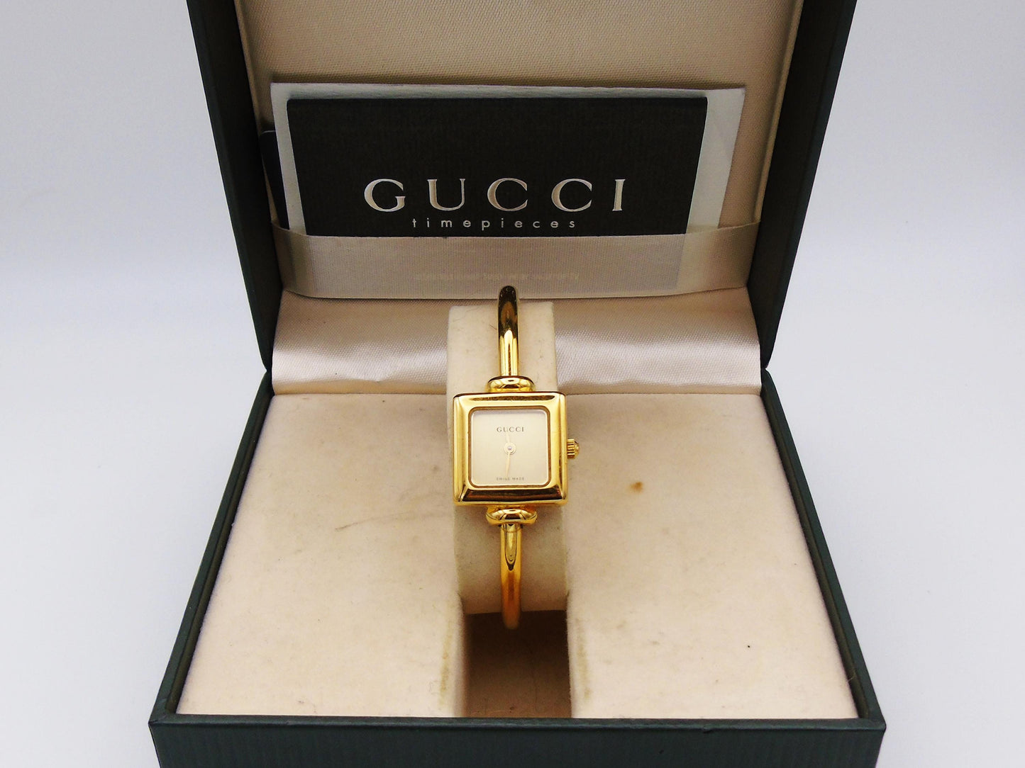Vintage Gucci Watch with Box and Papers Square 1900L Gold Dial  Elegant Gucci Wristwatch Cheap Gucci Jewellery Bracelet Bangle G57