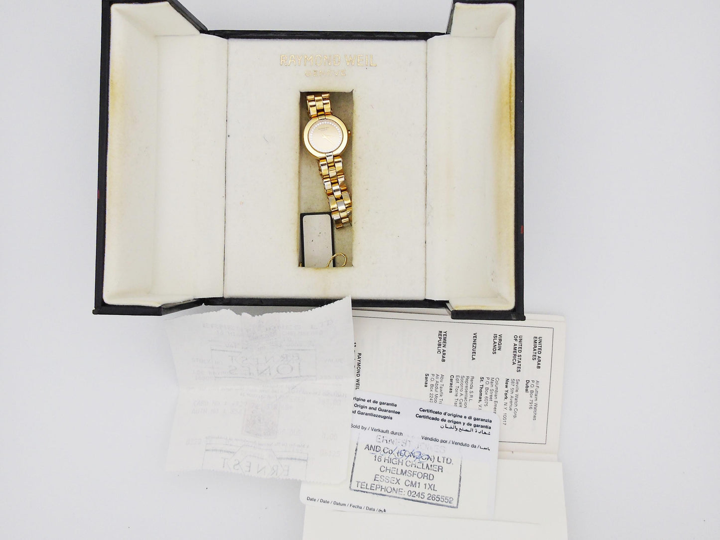 Raymond Weil Gold-Plated Watch – Swiss Quartz, Diamond Hour Markers, 16cm Bracelet, Box & Papers, Vintage Elegance