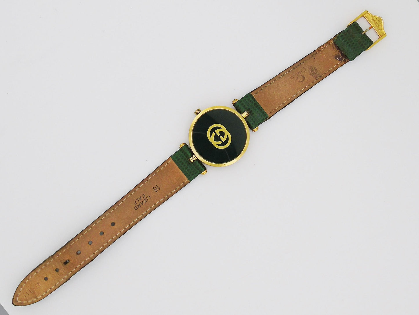 Vintage Gucci Sherry Line 2000M Watch Quartz Swiss Movement Green and Gold Plated Leather Strap Genuine Unique Wristwatch