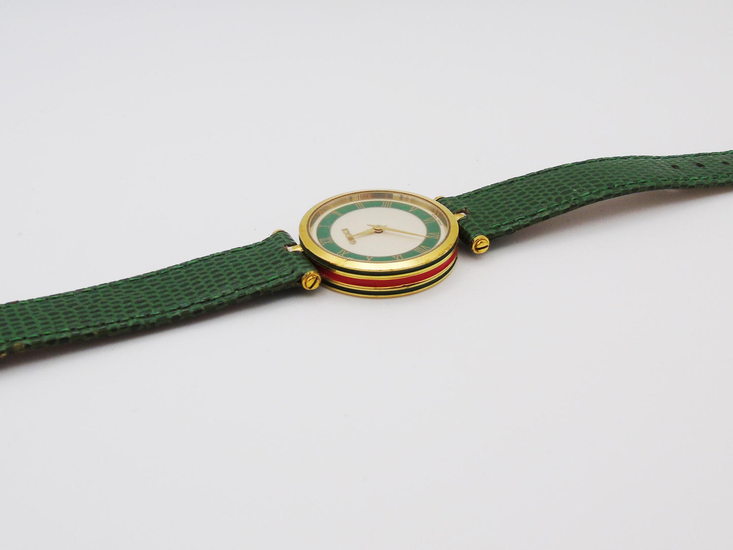 Vintage Gucci Sherry Line 2000M Watch Quartz Swiss Movement Green and Gold Plated Leather Strap Genuine Unique Wristwatch