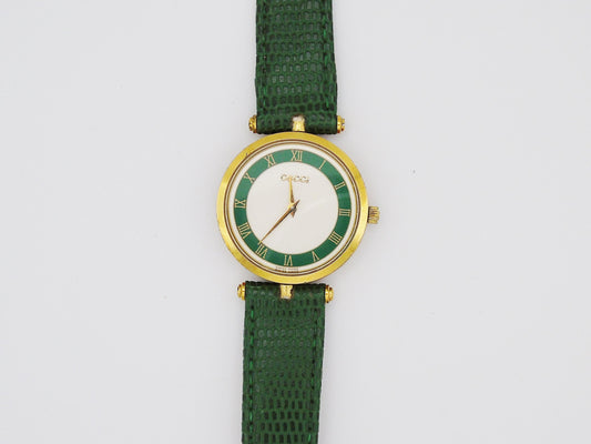 Vintage Gucci Sherry Line 2000M Watch Quartz Swiss Movement Green and Gold Plated Leather Strap Genuine Unique Wristwatch