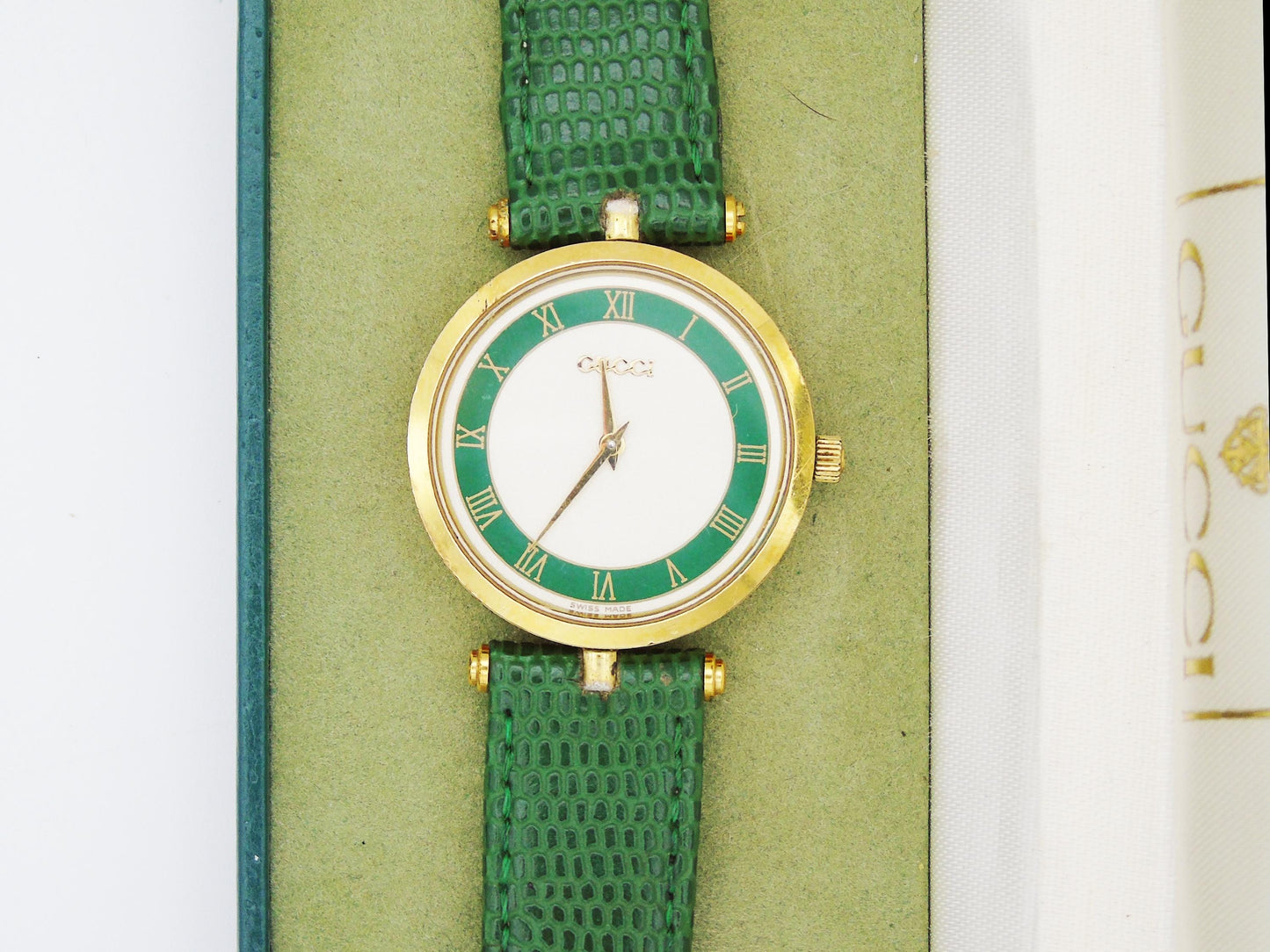 Vintage Gucci Sherry Line 2000M Watch Quartz Swiss Movement Green and Gold Plated Leather Strap Genuine Unique Wristwatch