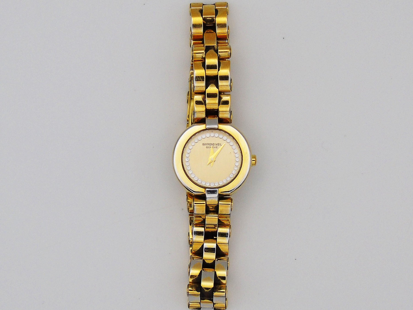 Raymond Weil Gold-Plated Watch – Swiss Quartz, Diamond Hour Markers, 16cm Bracelet, Box & Papers, Vintage Elegance