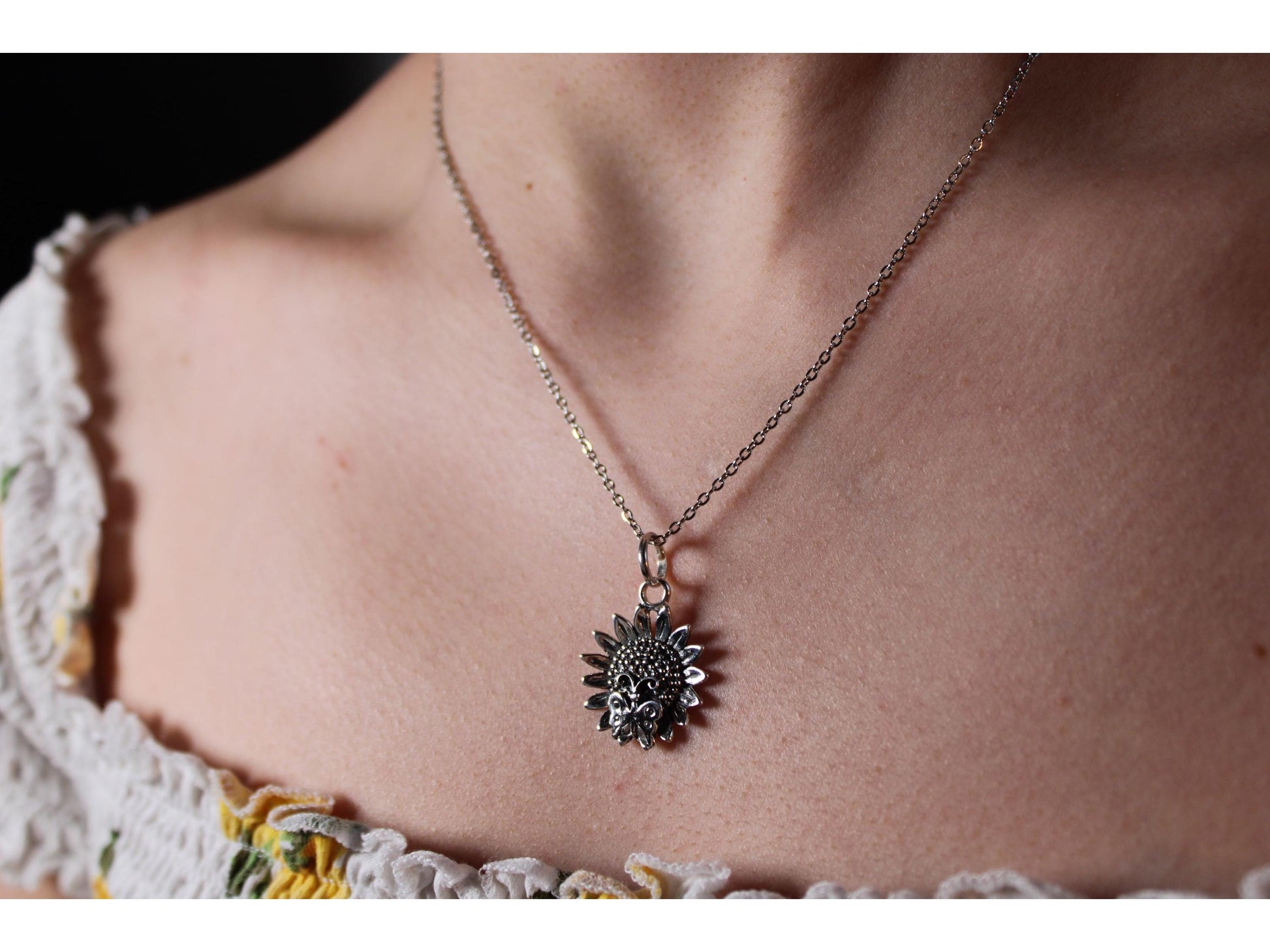 Vintage Silver Flower and Butterfly  Pendant Necklace - Gems Forgotten 