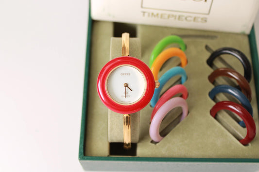 Vintage Gucci Change Bezel Watch – Gold Plated Bangle with 10 Bezels (Papers & Box) - Gems Forgotten 