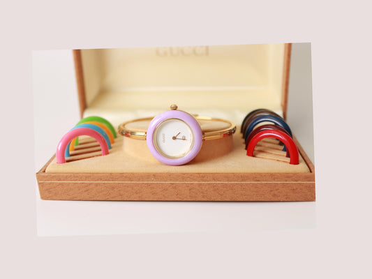 Working Vintage Gucci Bezel Watch - Elegant Change Bezel Gold Plated Bangle Wristwatch Jewellery - Gems Forgotten 