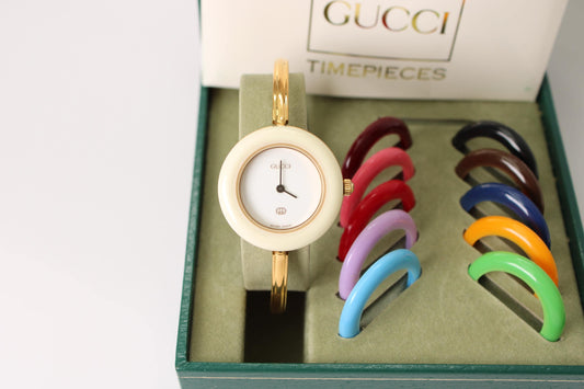 Working Vintage Gucci Bezel Watch - Elegant Change Bezel Gold Plated Bangle Wristwatch Jewellery - Gems Forgotten 