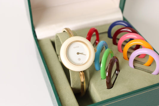 Working Vintage Gucci Bezel Watch - Elegant Change Bezel Gold Plated Bangle Wristwatch Jewellery - Gems Forgotten 