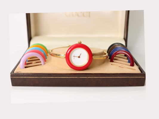 Working Vintage Gucci Bezel Watch - Elegant Change Bezel Gold Plated Bangle Wristwatch Jewellery - Gems Forgotten 